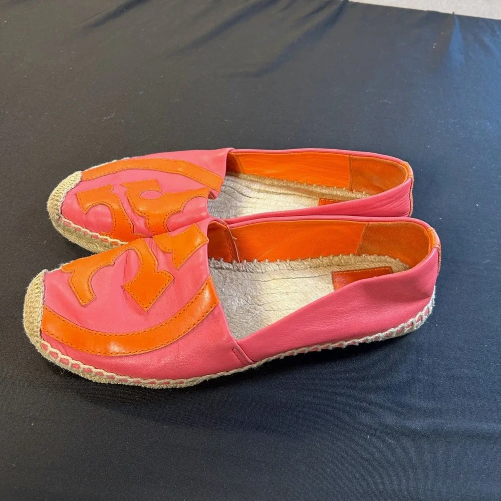 Tory Burch 6.5 Shaw Pink orange Leather Medallion Logo Espadrille Jute Flats